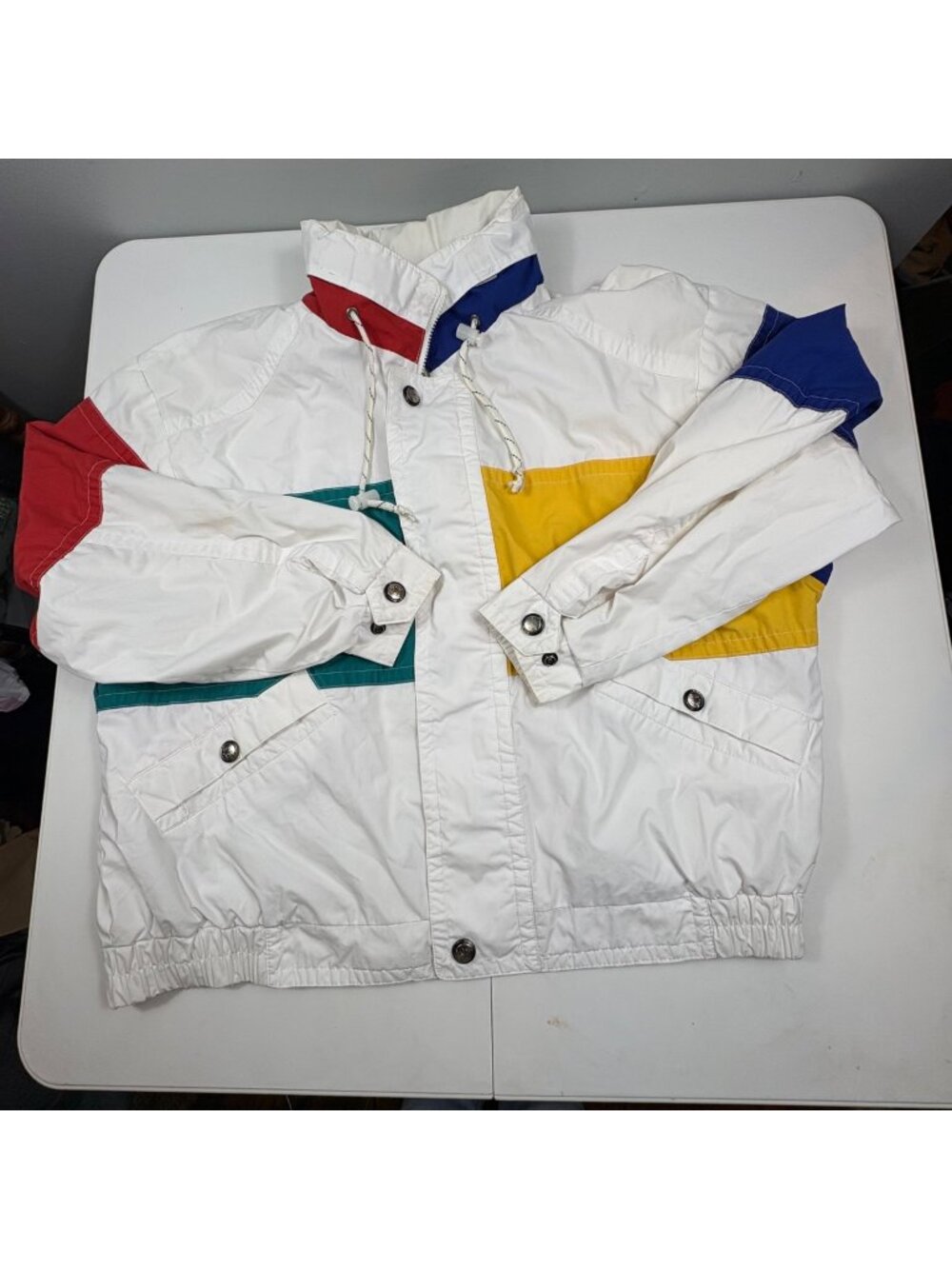 Vintage 90s Colorblock Windbreaker Jacket White With Red Yellow Green & Blue Acc